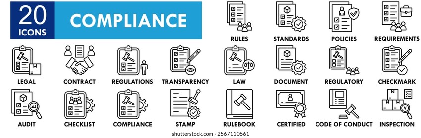 Compliance icon collection set. Containing design compliance, management, business, control, risk