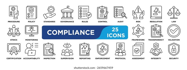 Conjunto de colecciones de iconos de conformidad. Contiene regulación, política, estándares, gobernanza, reglas, control, auditoría, riesgo, procedimiento, ícono de ley. Vector de línea simple.	