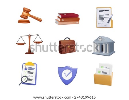 Compliance icon set 3D vector illustration. Vector symbols of law, policy, audit, and quality control. Professional corporate management and legal document signs. law firm and legal services concept