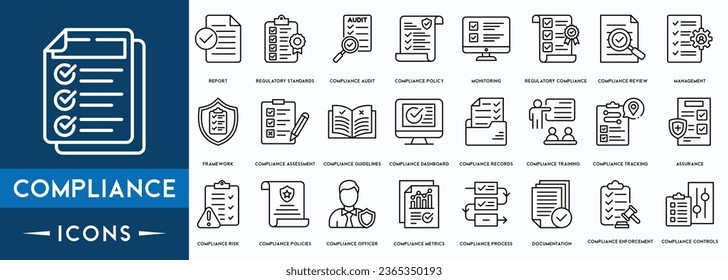 Compliance icon set. Checklist on the clipboard line icon with checkmarks, checklist, document, gear, Review, Compliance Management, Framework, Assessment outline icons.