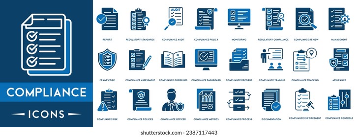 Conjunto de iconos de cumplimiento. Lista de comprobación en el icono de la línea del portapapeles con marcas de verificación, lista de comprobación, documento, marcha, revisión, administración de cumplimiento, marco, iconos de esquema de evaluación.