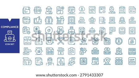 Compliance Icon Set: A collection of blue line art icons representing various aspects of compliance, business regulations, and legal standards.