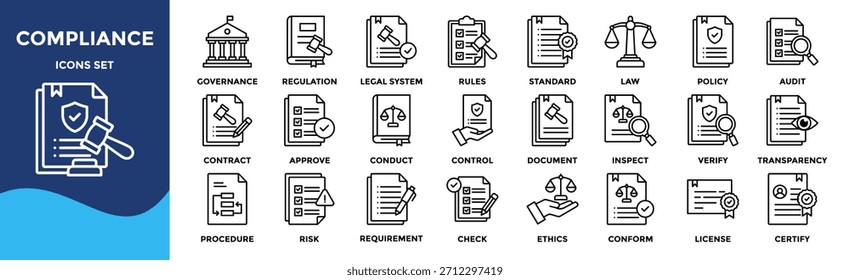 Sammlung von Compliance-Symbolen. ein Icon-Paket enthält Regeln, Richtlinien, Gesetze, Vorschriften, Standards, Audit, Kontrolle