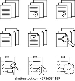Compliance icon set. Regulatory compliance, audit, risk management, legal policy, and quality assurance in outline style for corporate governance, business process, and security concept. Vector illustration.