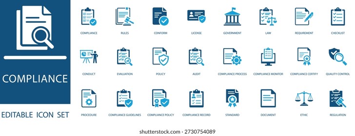 Conjunto de iconos de conformidad. Vector de leyes, políticas, auditorías y control de calidad. Profesional de gestión corporativa y firma de documentos legales.