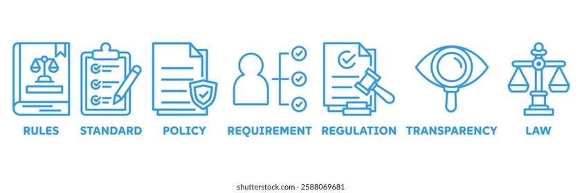 Compliance icons set with icon of rules, standards, policies, requirements, regulation, transparency, and law