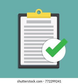 Compliance inspection approved. Clipboard with document in a flat design