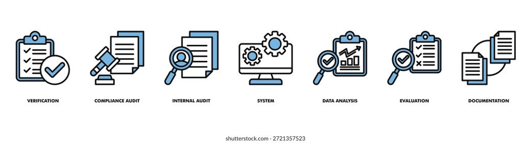 o vetor do conjunto de ícones do sistema de conformidade e auditoria interna consiste em verificação, auditoria de conformidade, auditoria interna, sistema, análise de dados, avaliação, documentação.