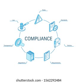 Compliance Isometric Concept. Connected Line 3d Icons. Integrated Circle Infographic Design System. Rules, Standards, Law, Requirements Symbols. Regulations, Policies, Transparency Pictogram