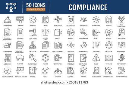 Compliance line editable icon set. Containing regulatory compliance, corporate governance, corporate governance, transparency regulations and more. Vector Illustration