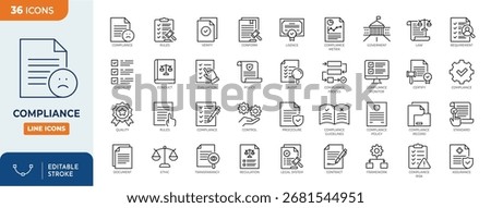 Compliance line editable icon set. Contain icons related to compliance, regulatory, governance, corporate, transparency, regulations and more. Editable stroke. Vector illustration