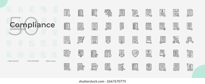 Linha de Conformidade Ícones editáveis definidos. Ilustração vetorial no estilo de linha fina moderna de ícones de conformidade: regulamentação, regra, procedimento, etc