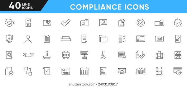 Juego de iconos de línea de conformidad. Análisis, Plan, evaluación, proceso de calidad, resultado, contabilidad, análisis, finanzas, negocio, dinero, financiero, impuesto, esquema presupuestario, colección de iconos. Paquete de iconos delgados de UI