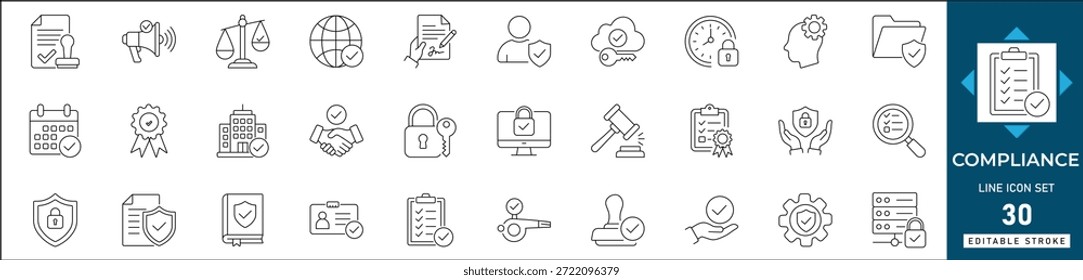 Conjunto de iconos de línea de cumplimiento con ética de IA, estándares regulatorios y símbolos de privacidad de datos. Ideal para el gobierno corporativo, los informes legales y el Diseño web. Totalmente editable