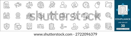 Compliance line icon set featuring AI ethics, regulatory standards, and data privacy symbols. Ideal for corporate governance, legal reports, and web design. Fully editable