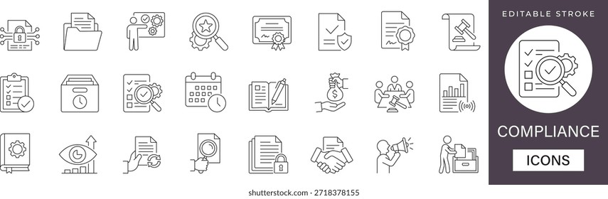 Conjunto de iconos de líneas de cumplimiento que destacan los estándares regulatorios, la auditoría legal y los símbolos de políticas comerciales. Ideal para presentaciones corporativas, interfaz de usuario App y Diseño web. Totalmente editable.