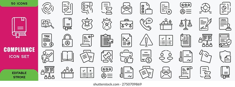 Compliance line icon set highlighting regulatory standards, legal audit, and business policy symbols. Ideal for corporate presentations, app UI, and web design. Fully editable.