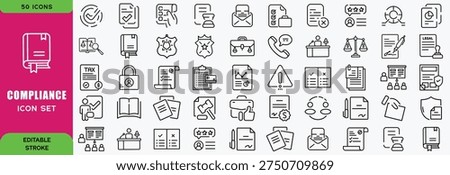 Compliance line icon set highlighting regulatory standards, legal audit, and business policy symbols. Ideal for corporate presentations, app UI, and web design. Fully editable.