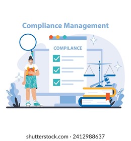 Compliance Management concept. Detailed illustration of regulatory adherence, legal standards, and policy enforcement in organizational processes. Systematic checks and balances depicted.