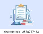 Compliance management concept. List of rules. Clipboard with tasks. Organizing efficient work processes and business ethics. Reviewing the list of business rules. Flat vector illustration.
