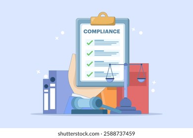 Compliance management concept. List of rules. Clipboard with tasks. Organizing efficient work processes and business ethics. Reviewing the list of business rules. Flat vector illustration.