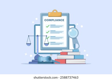 Compliance management concept. List of rules. Clipboard with tasks. Organizing efficient work processes and business ethics. Reviewing the list of business rules. Flat vector illustration.