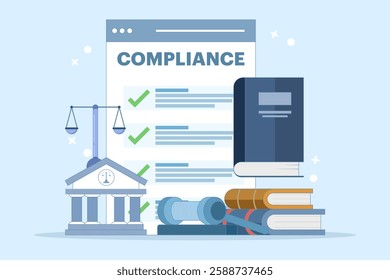 Compliance management concept. List of rules. Clipboard with tasks. Organizing efficient work processes and business ethics. Reviewing the list of business rules. Flat vector illustration.