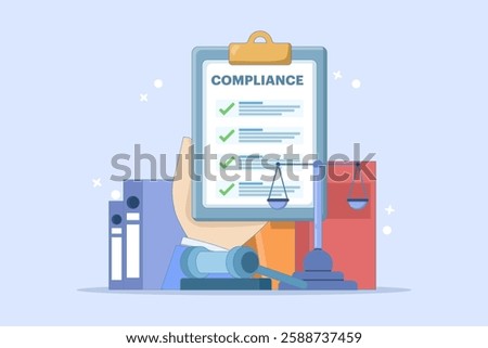 Compliance management concept. List of rules. Clipboard with tasks. Organizing efficient work processes and business ethics. Reviewing the list of business rules. Flat vector illustration.