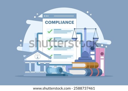 Compliance management concept. List of rules. Clipboard with tasks. Organizing efficient work processes and business ethics. Reviewing the list of business rules. Flat vector illustration.