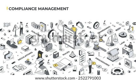 Compliance management isometric illustration showing governance, law, policies, procedures, standards, and rules. It reflects structured approach  to meet legal and regulatory requirements