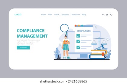 Compliance Management web or landing page. Detailed illustration of regulatory adherence, legal standards, and policy enforcement in organizational processes. Systematic checks and balances depicted.