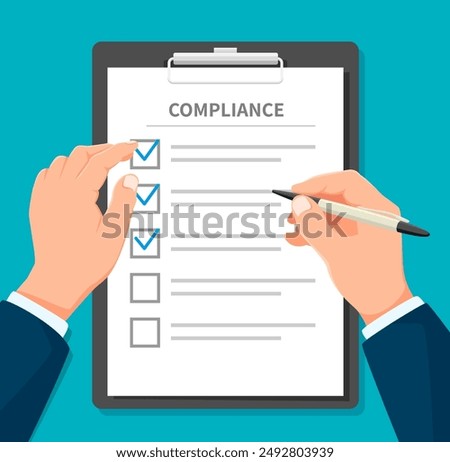 Compliance policy legal document clipboard. Vector businessman hands filling paper form or checklist of business company regulatory compliance, standards and policies, rules and regulations with pen