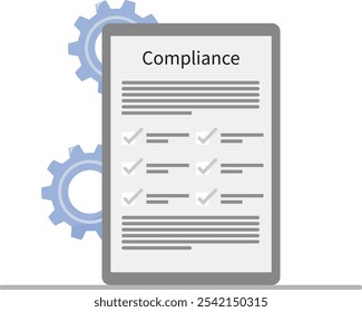 lista de tareas del programa de cumplimiento para el mantenimiento del cumplimiento de la empresa por parte del empleador y el documento de cumplimiento con el icono de configuración para los objetivos. lista de tareas del programa de cumplimiento de la empresa con el icono de documento y configuración.