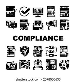 Compliance Quality Procedure Icons Set Vector. Compliance Passport And Covid Certificate, Approval Conversation And Check List, Cv And Documentation Glyph Pictograms Black Illustrations
