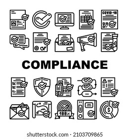 Compliance Quality Procedure Icons Set Vector. Compliance Passport And Covid Certificate, Approval Conversation And Check List, Cv And Documentation Black Contour Illustrations