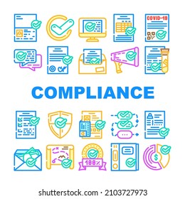 Compliance Quality Procedure Icons Set Vector. Compliance Passport And Covid Certificate, Approval Conversation And Check List, Cv And Documentation Line. Honey Analyzes Color Illustrations