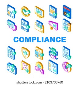 Compliance Quality Procedure Icons Set Vector. Compliance Passport And Covid Certificate, Approval Conversation And Check List, Cv And Documentation Isometric Sign Color Illustrations
