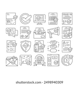 Compliance Quality Procedure Icons Set Vector. Compliance Passport And Covid Certificate, Approval Conversation And Check List, Cv And Documentation Black Contour Illustrations