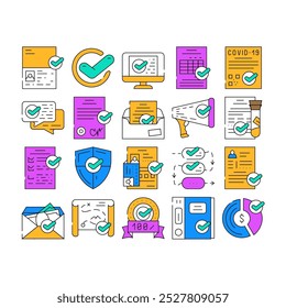 Ícones De Procedimento De Qualidade De Conformidade Definem Vetor. Passaporte De Conformidade E Certificado Covid, Conversação De Aprovação E Lista De Verificação, Ilustrações De Contorno De Cv E De Cores De Documentação