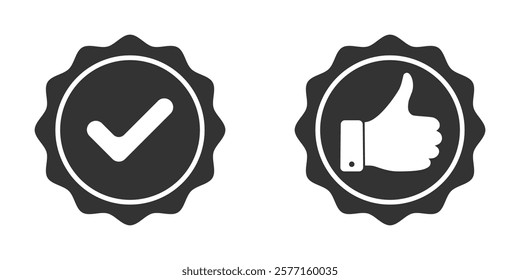 Compliance and recommend icons. Certification and approval signs. Symbols quality production. Two signs isolated on white background. Vector illustration