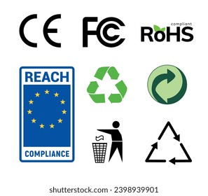 Compliance Recycling Symbols. Certification CE environment waste sign set.