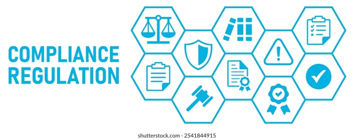 Compliance and Regulation banner concept icons vector illustration with icons of binder, law, legal, regulatory policies, scale, protection, files, on white background