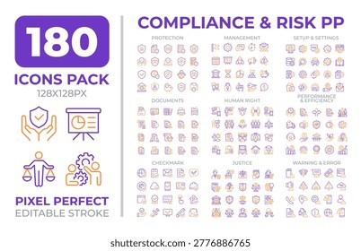 Compliance and risk two color line icons set collection. Privacy protection technology. Digital data security bicolor outline mega pack isolated, pixel perfect. Duotone thin lineart. Editable stroke