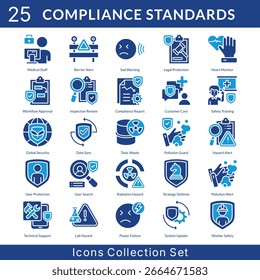 Compliance Standards icon set collection in solid glyph style. an icon pack contain inspection review, compliance report, customer care, safety training, global security, data sync