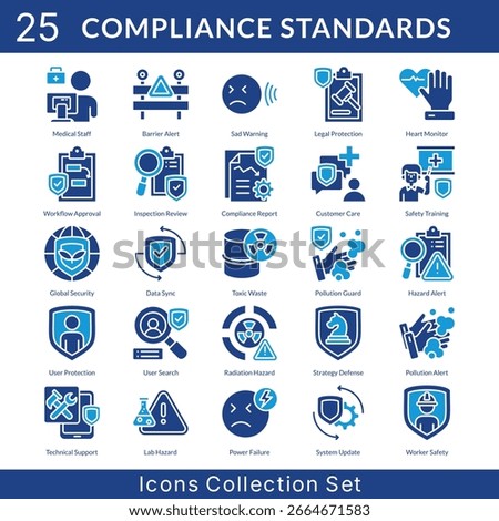 Compliance Standards icon set collection in solid glyph style. an icon pack contain inspection review, compliance report, customer care, safety training, global security, data sync