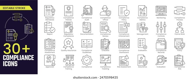 Compliance Stroke icon collections. Checklist on the clipboard line icon with checkmarks, checklist, document, gear, Review, Compliance Management, Assessment. Stroke icon collection Outline icon