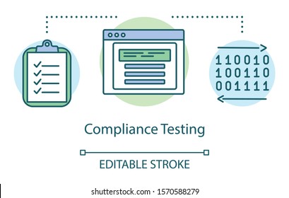 Compliance testing concept icon. Computer program standarts idea thin line illustration. Software testing process. Indicating issues and problems. Vector isolated outline drawing. Editable strokee