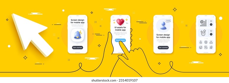Compliance, Time management and Vaccination announcement line icons pack. Phone screen mockup with 3d alert bell, health and headshot. Vector