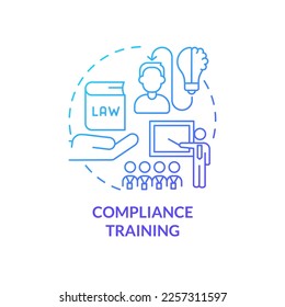 Icono de concepto de degradado azul de entrenamiento de cumplimiento. Los programas de desarrollo de empleados escriben ilustraciones de línea delgada de idea abstracta. Leyes y reglamentos pertinentes. Dibujo de contorno aislado. Se usa una fuente Myriad Pro-Bold