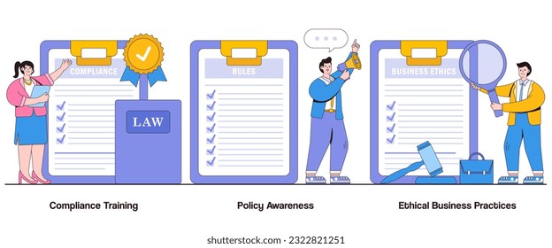 Capacitación en cumplimiento, Concienciación sobre políticas, Concepto de prácticas comerciales éticas con carácter. Juego de Ilustración de vectores de resumen de ética laboral. Programas de capacitación, Metáfora de Adhesión a las Políticas.